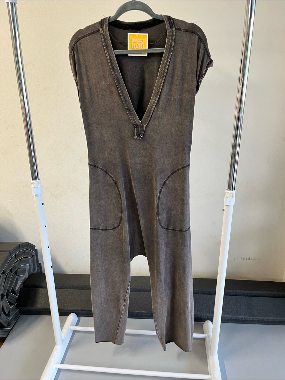 Free People Washed Brown V-Neck Wide-Leg Jumpsuit